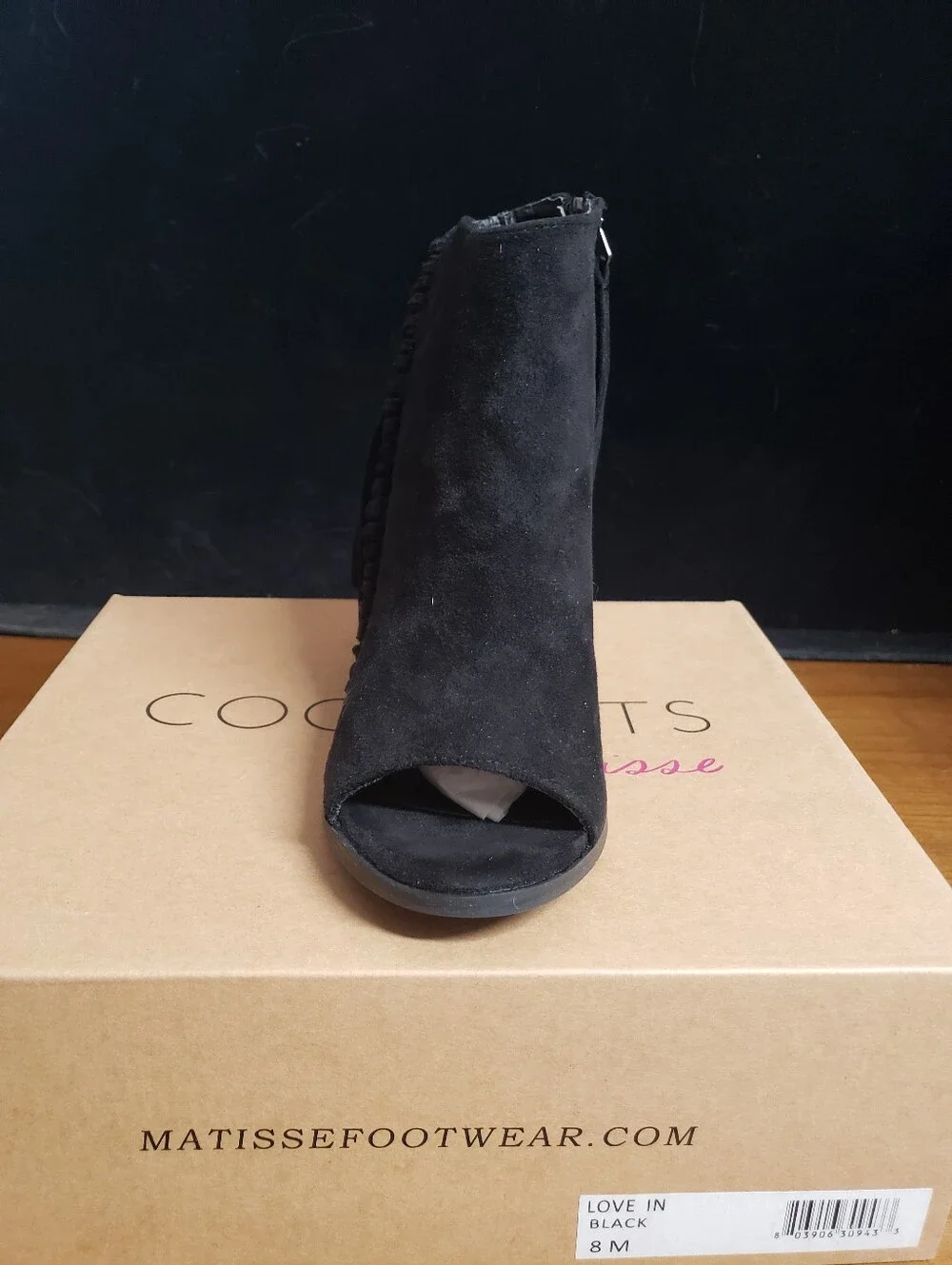 Coconuts by Matisse Black Suede Peep-Toe Tassel Block Heel Booties